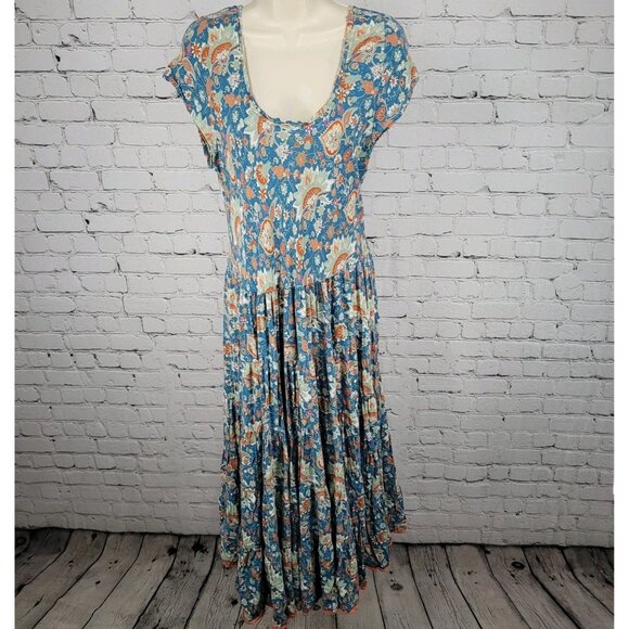 Soft Surroundings Blue Floral Short Sleeve Boho Maxi Dress Size Medium M - Picture 1 of 12